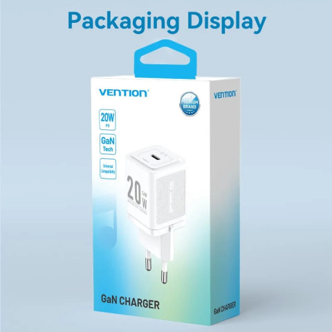 Зарядний пристрій 1xUSB-C 20W GaN + USB-C cable М-М White Vention