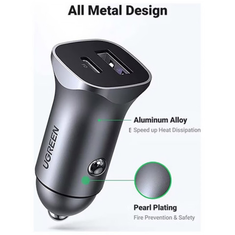 Автозарядка 2xUSB 30W (USB-C + USB-A) CD130 Ugreen