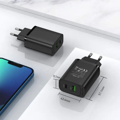 Зарядний пристрій 2xUSB 38W PD,QC3.0 (USB-C+USB-A) чорний Vention
