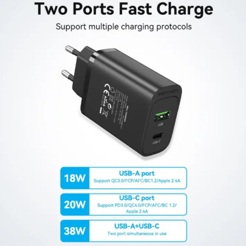 Зарядний пристрій 2xUSB 38W PD,QC3.0 (USB-C+USB-A) чорний Vention