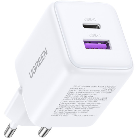 Зарядний пристрій 2xUSB 30W (USB-A + USB-C) X516 Gan білий Ugreen