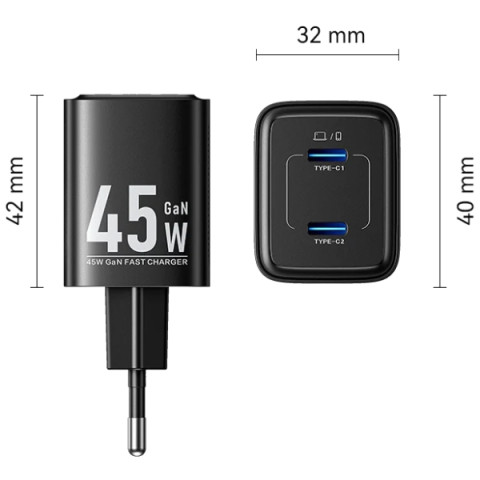 Зарядний пристрій 2xUSB-С 45W GaN чорний Vention