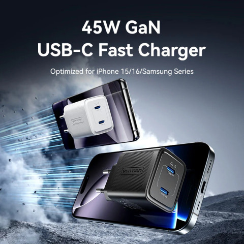 Зарядний пристрій 2xUSB-С 45W GaN чорний Vention