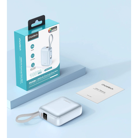 УМБ Choetech 10000mAh 35W PD3.0 USB-C In/Out, with buid-in type-C cabel голуба