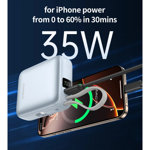 УМБ Choetech 10000mAh 35W PD3.0 USB-C In/Out, with buid-in type-C cabel голуба
