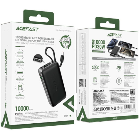 УМБ Acefast 10000mAh 30W PD USB-A,USB-C In/Out, with built-in USB-C cable M7 Black