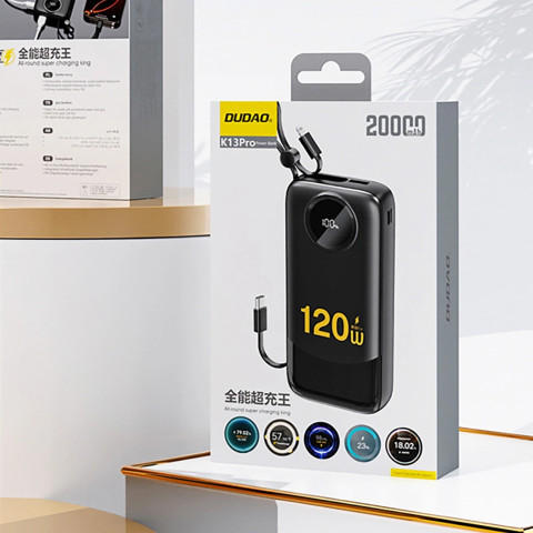 УМБ Dudao 20000mAh K13 Pro 22,5W PD,QC USB-A,USB-C In/Out,with built-in USB-C/Lightning cables Black