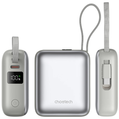 УМБ Choetech 10000mAh 35W PD3.0 USB-C In/Out, LED Display, with buid-in type-C cabel сіра