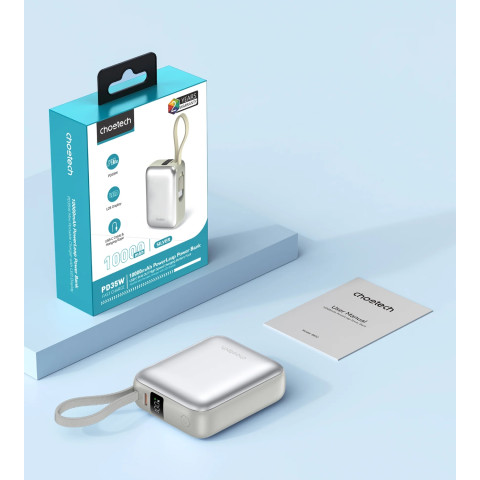 УМБ Choetech 10000mAh 35W PD3.0 USB-C In/Out, LED Display, with buid-in type-C cabel сіра