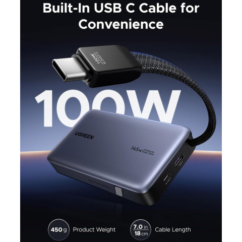 УМБ Ugreen 20000mAh 145W PD3.1.QC, USB-A,USB-С IN/OUT, with built in USB-C cable (PB551) Gray