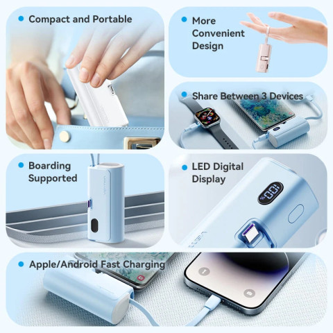 УМБ Vention 4800mAh 22,5W PD, USB-C In/Out, LED display, with built-in USB-C cable Blue