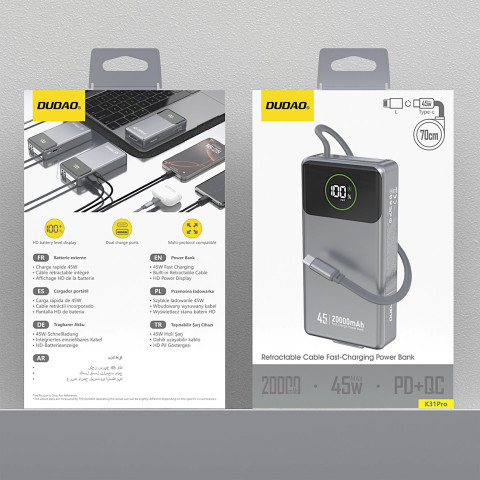 УМБ Dudao 20000mAh K31 Pro 45W PD,QC USB-A,USB-C In/Out,with built-in USB-C/Lightning cables Gray