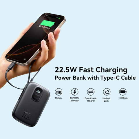 УМБ Joyroom 10000mAh 22,5W PD,QC, USB-A, USB-C In/Out with built-in USB-C cable Black