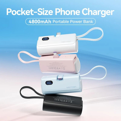 УМБ Vention 4800mAh 22,5W PD, USB-C In/Out, LED display, with built-in USB-C cable White
