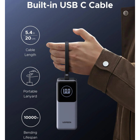 УМБ Ugreen 20000mAh 130W PD/QC, USB-A, USB-С In/Out with built-in USB-C cable (PB723) Gray