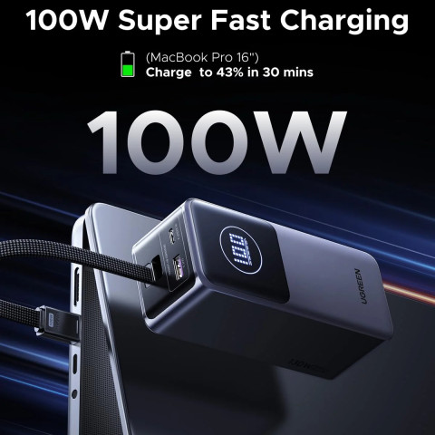 УМБ Ugreen 20000mAh 130W PD/QC, USB-A, USB-С In/Out with built-in USB-C cable (PB723) Gray