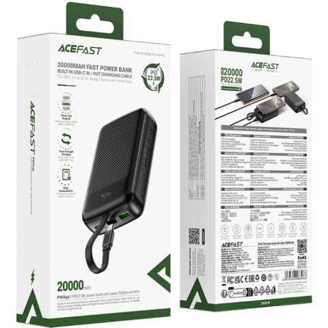 УМБ Acefast 20000mAh 22,5W PD,QC3.0 USB-A+USB-C In/Out,built-in cable M14 Black