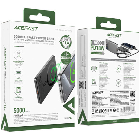 УМБ Acefast Magnetic Wireless 5000mAh 18W PD,QC 3.0, QI 7.5 Вт, ультра тонкий, M8 Black