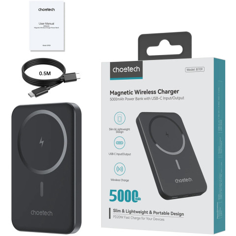УМБ Choetech Magnetic Wireless 5000mAh 20W PD Qi-15W USB-C In/Out, тонкий, Black