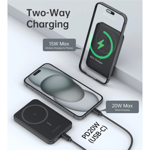 УМБ Choetech Magnetic Wireless 5000mAh 20W PD Qi-15W USB-C In/Out, тонкий, Black