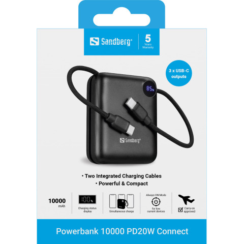УМБ Sandberg 10000mAh 20W PD,QC3.0, USB-C In/Out, PowerThru, with built-in 2xUSB-C cables