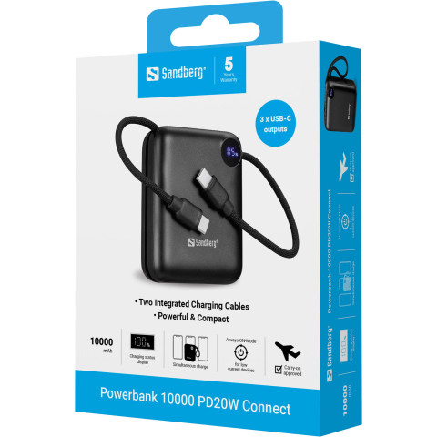 УМБ Sandberg 10000mAh 20W PD,QC3.0, USB-C In/Out, PowerThru, with built-in 2xUSB-C cables