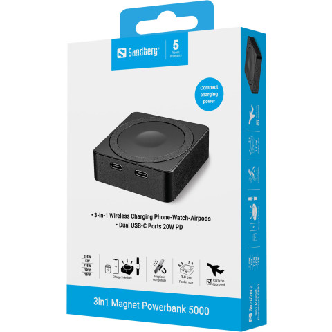 УМБ Sandberg Magnetic Wireless 5000mAh 20W PD, 2xUSB-C, QI-15W for Apple watch and Airpods