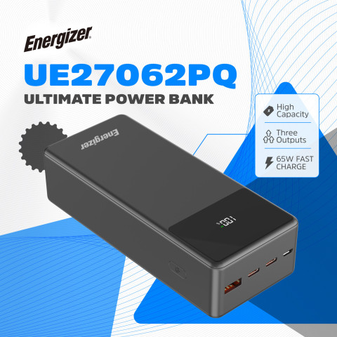 УМБ Energizer 27000mAh 65W PD,QC3.0,USB-А, 2хUSB-C, Micro-USB, LCD display,Black