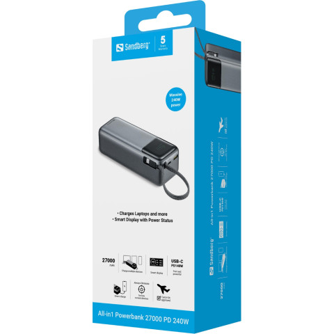 УМБ Sandberg 27000mAh 240W PD, USB-A, USB-C In/Out, with built-in Type-C cable 140W