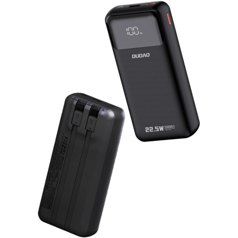 УМБ Dudao 20000mAh K15 Pro 22,5W PD USB-A,USB-C In/Out,with built-in USB-C/Lightning cables Black