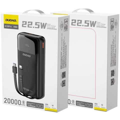 УМБ Dudao 20000mAh K15 Pro 22,5W PD USB-A,USB-C In/Out,with built-in USB-C/Lightning cables Black