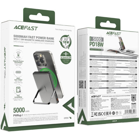 УМБ Acefast Magnetic Wireless 5000mAh 18W PD,QC3.0 USB-C In/Out,with holder, ультра тонкий M16 Black