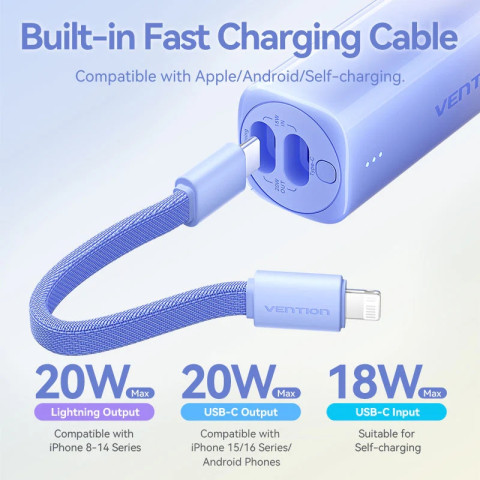 УМБ Vention 5000mAh 20W PD, USB-C In/Out, Lightning In/Out, with cable, Gradient Blue