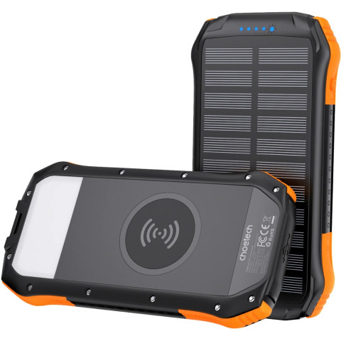 УМБ Choetech 10000mAh 2xUSB-A,1xUSB-C,solar panel, Qi-5W Black-Orange