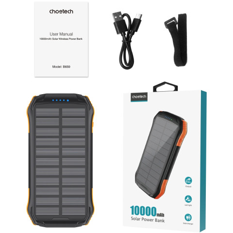 УМБ Choetech 10000mAh 2xUSB-A,1xUSB-C,solar panel, Qi-5W Black-Orange
