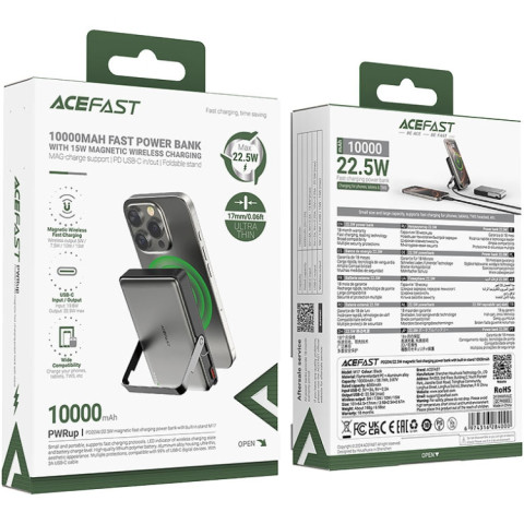 УМБ Acefast Magnetic Wireless 10000mAh 22.5W PD,QC 3.0 USB-C In/Out, QI 15W, with holder M17 Black