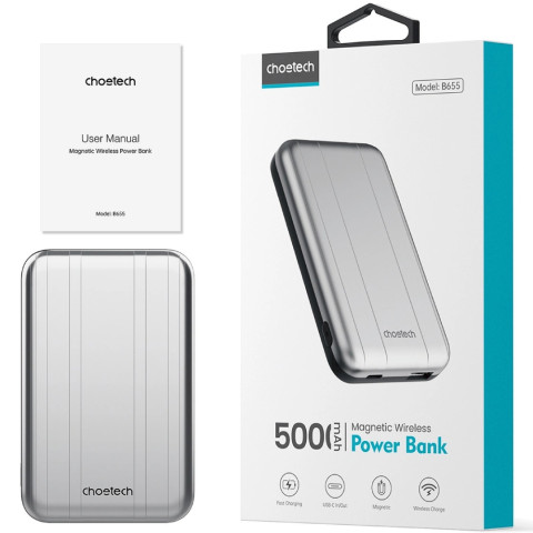 УМБ Choetech Magnetic Wireless 5000mAh USB-A,USB-C In/Out B655 mini silver