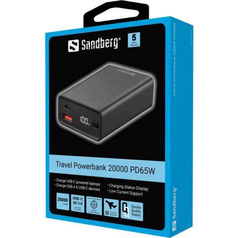 УМБ Sandberg 20000mAh 65W PD,QC3.0, USB-A , USB-C In/Out кабель 100W 0.5m