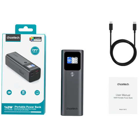 УМБ Choetech 27000mAh 140W PD5.0,QC3.0, USB-A, 2xUSB-C In/Out, TFT Display, black