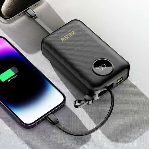 УМБ Dudao 20000mAh K14+ 22,5W PD,QC USB-A,USB-C In/Out,with built-in USB-C/Lightning cables Black