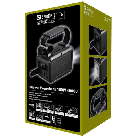 УМБ Sandberg 40000mAh,Survivor 100W, 2xUSB-С, USB-A, LED ліхтар, PowerThru, чорний
